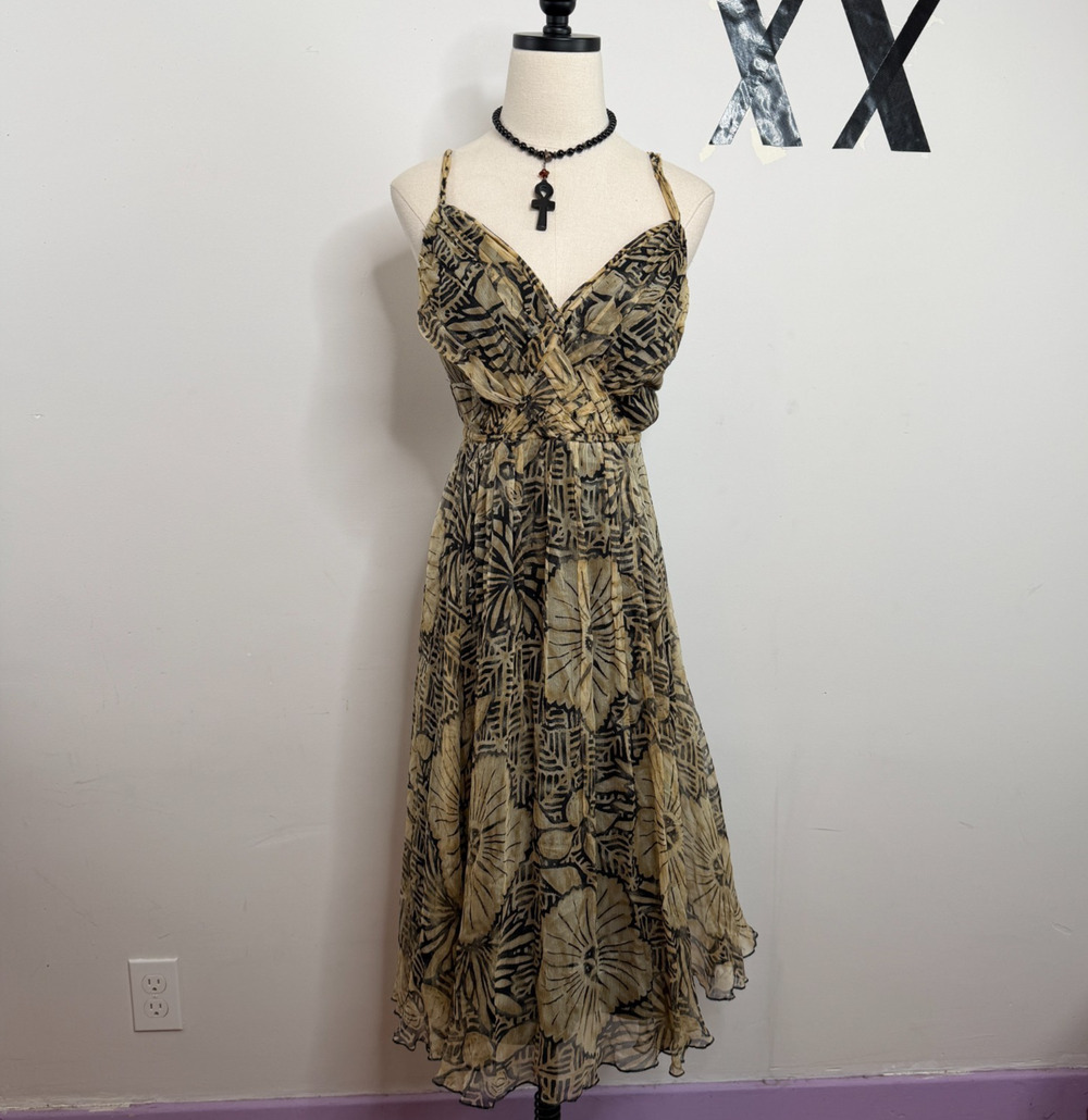 Vintage Y2K Robbie B 100% Silk Floral Basket Weave Fairy Midi Slip Dress 14